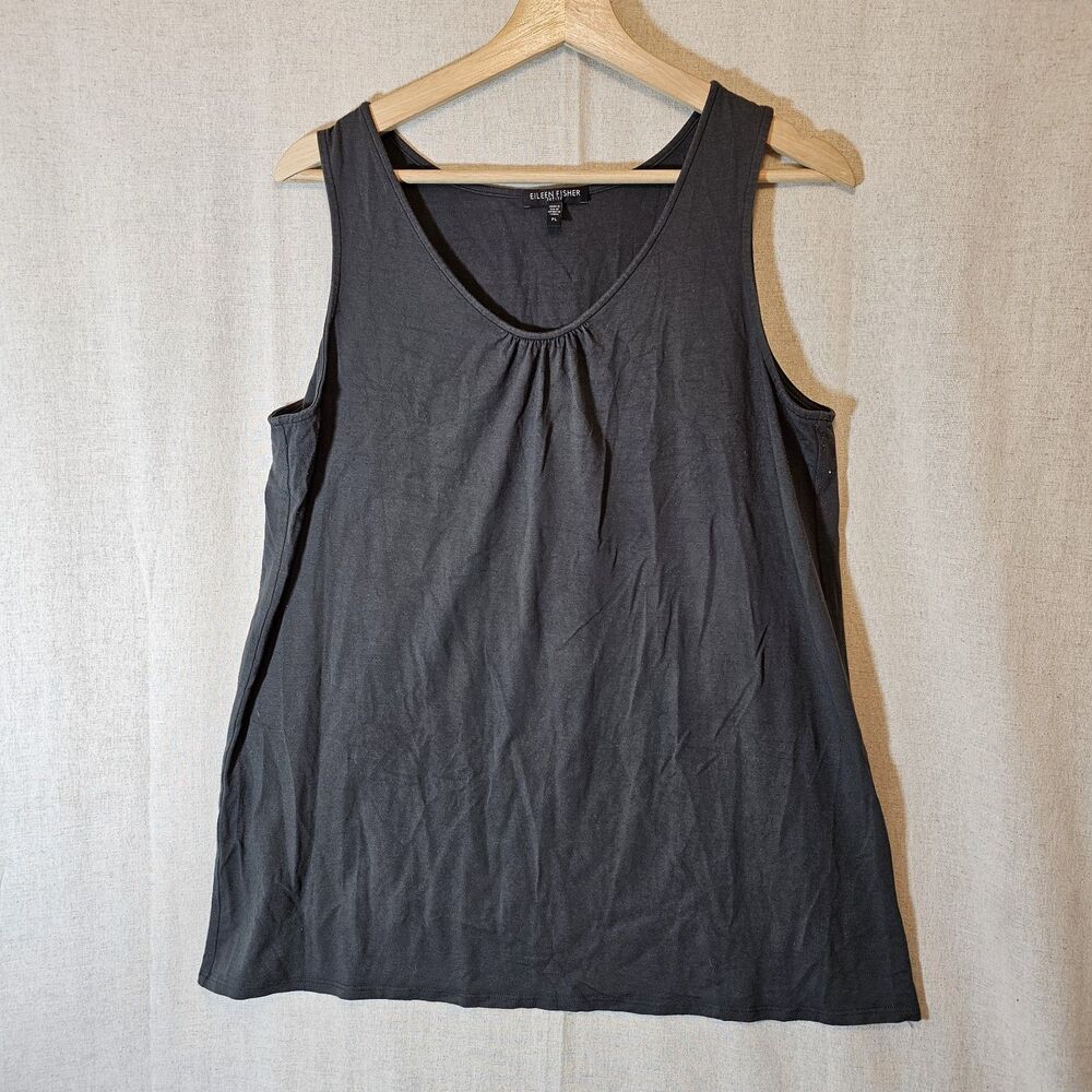 Eileen Fisher Dark Gray Tank V-Neck Scoop Gathered Detail Womens Petite Large PL